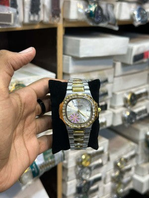 Luxury Men's Two-Tone Stainless Steel Analog Watch – Rainbow Crystal Bezel Quartz Wrist Watch
