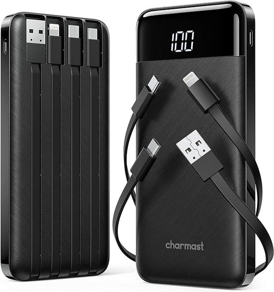 10000mAh Fast Charging Power Bank with Built-in Cables & LED Display – Portable USB Power Bank