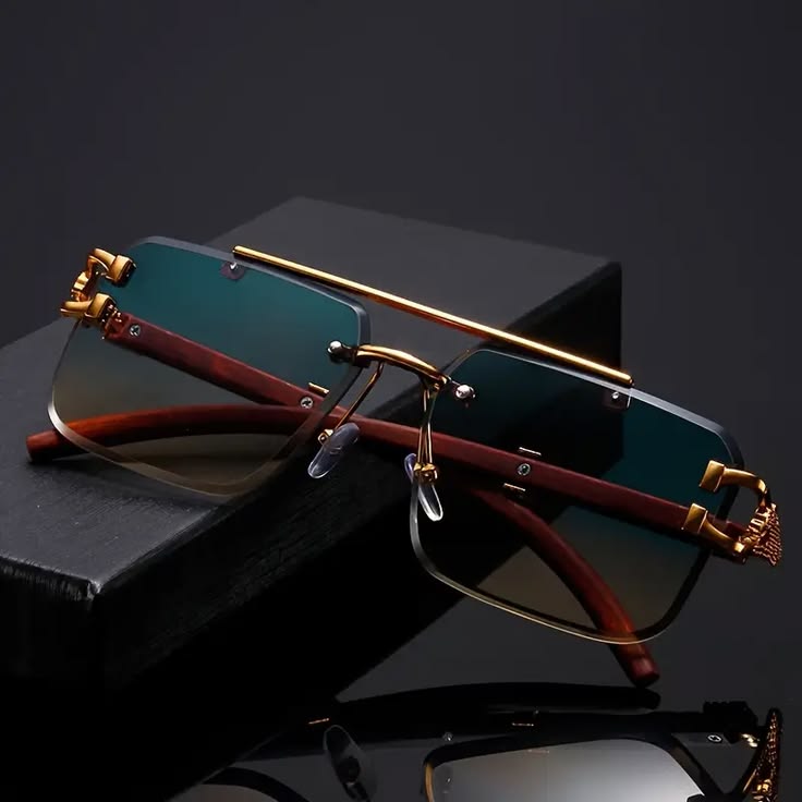 Luxury Rimless Blue-Light Blocking Eyeglasses – Gold Metal Frame with Wood-Grain Temples | Unisex