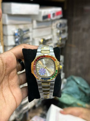 Luxury Men's Two-Tone Stainless Steel Analog Watch – Rainbow Crystal Bezel Quartz Wrist Watch