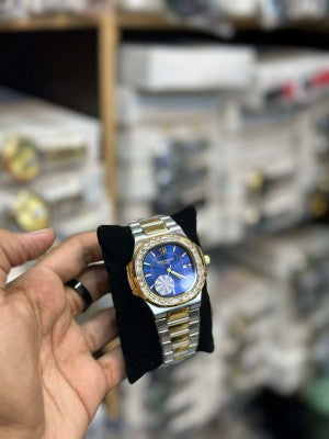 Luxury Men's Two-Tone Stainless Steel Analog Watch – Rainbow Crystal Bezel Quartz Wrist Watch