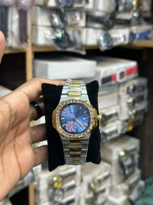 Luxury Men's Two-Tone Stainless Steel Analog Watch – Rainbow Crystal Bezel Quartz Wrist Watch