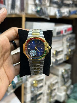 Luxury Men's Two-Tone Stainless Steel Analog Watch – Rainbow Crystal Bezel Quartz Wrist Watch