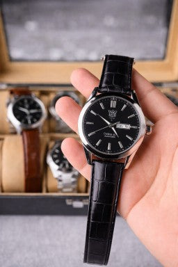 Luxury Men's Analog Quartz Watch – Premium Leather Strap Business Wrist Watch (Black & Brown)