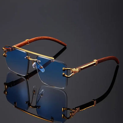 Luxury Rimless Blue-Light Blocking Eyeglasses – Gold Metal Frame with Wood-Grain Temples | Unisex