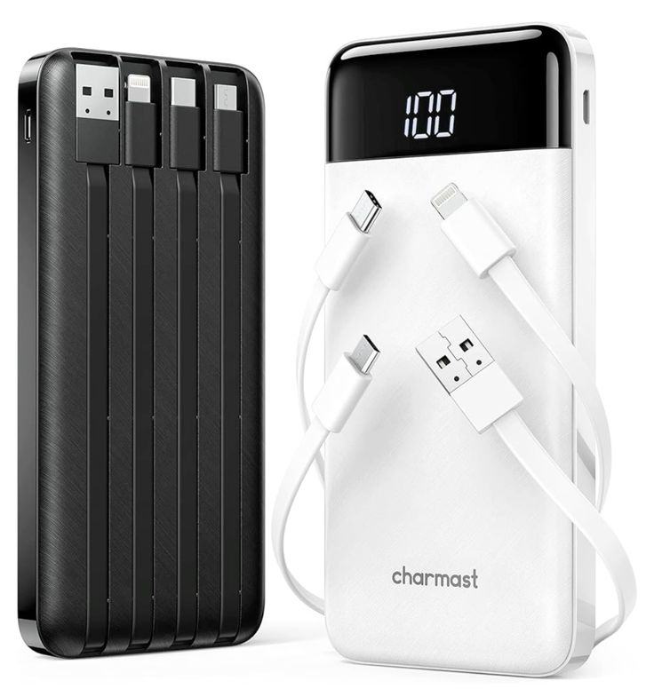 10000mAh Fast Charging Power Bank with Built-in Cables & LED Display – Portable USB Power Bank