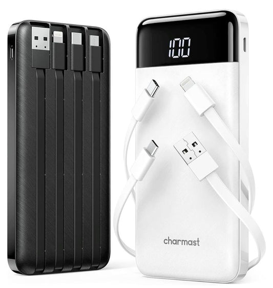 10000mAh Fast Charging Power Bank with Built-in Cables & LED Display – Portable USB Power Bank