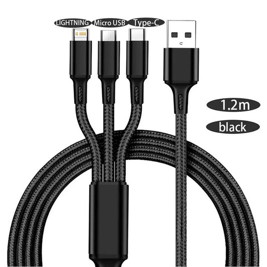 3-in-1 Fast Charging USB Cable – Nylon Braided Multi Charging Cable for iPhone, Type-C & Micro USB