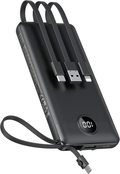 10000mAh Fast Charging Power Bank with Built-in Cables & LED Display – Portable USB Power Bank