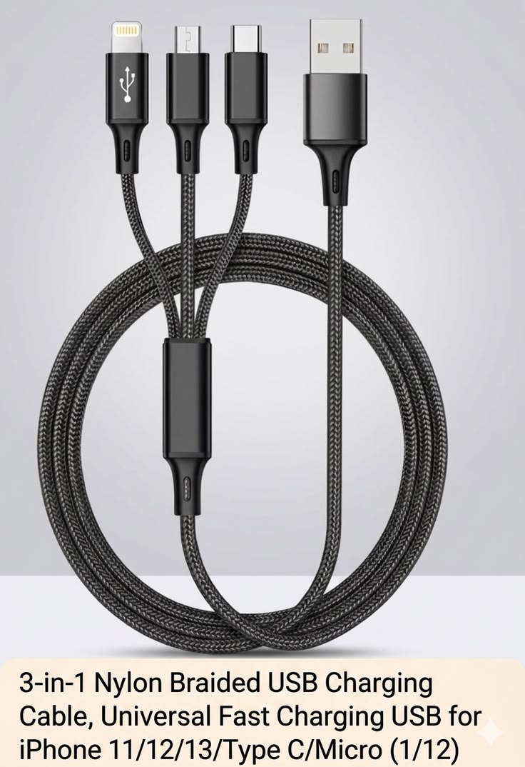 3-in-1 Fast Charging USB Cable – Nylon Braided Multi Charging Cable for iPhone, Type-C & Micro USB
