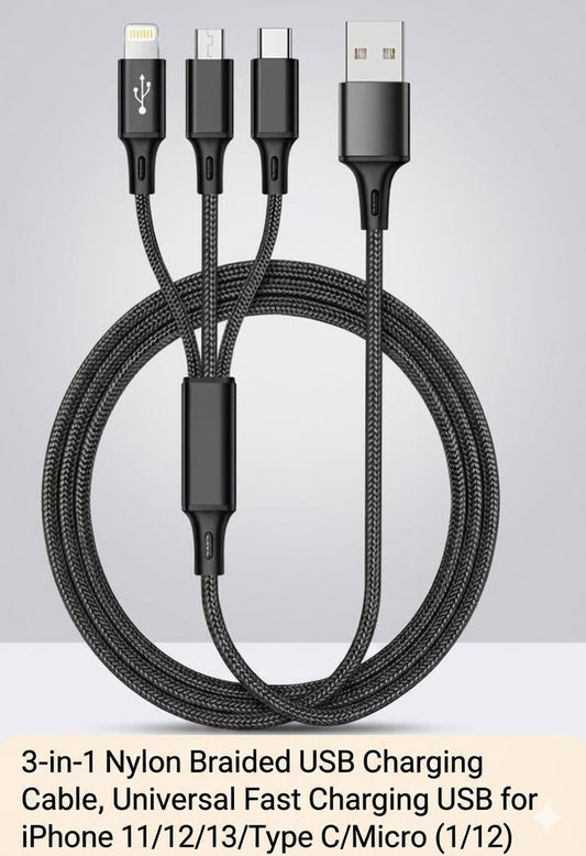3-in-1 Fast Charging USB Cable – Nylon Braided Multi Charging Cable for iPhone, Type-C & Micro USB