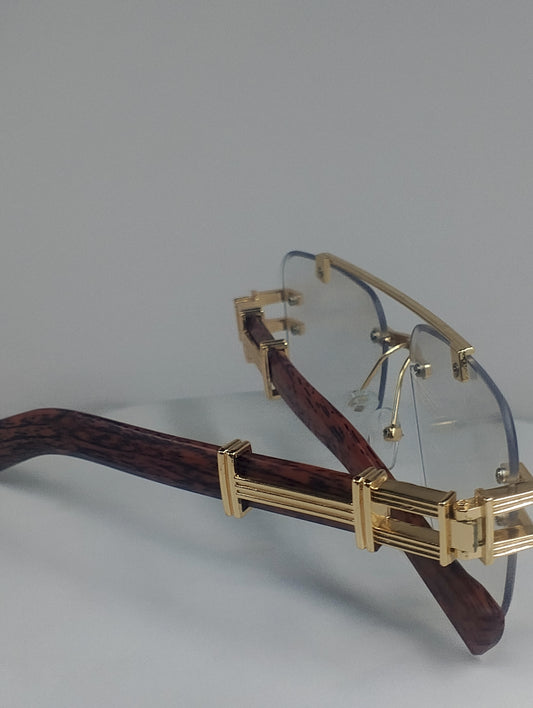 Luxury Rimless Blue-Light Blocking Eyeglasses – Gold Metal Frame with Wood-Grain Temples | Unisex
