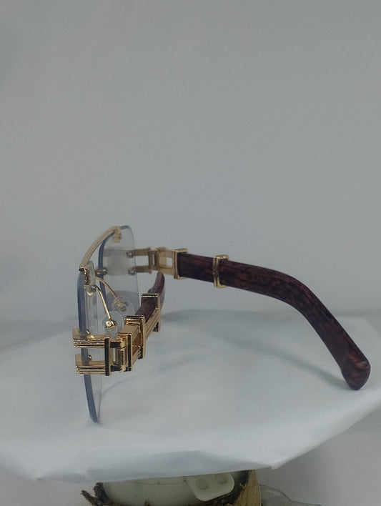 Luxury Rimless Blue-Light Blocking Eyeglasses – Gold Metal Frame with Wood-Grain Temples | Unisex