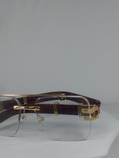 Luxury Rimless Blue-Light Blocking Eyeglasses – Gold Metal Frame with Wood-Grain Temples | Unisex