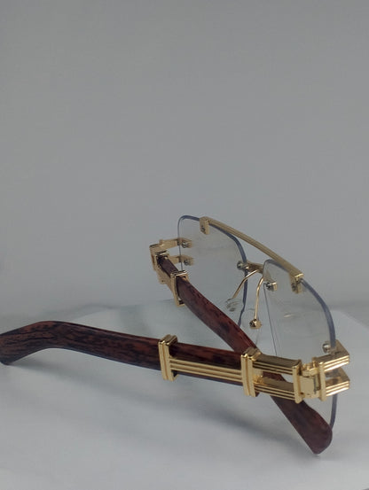 Luxury Rimless Blue-Light Blocking Eyeglasses – Gold Metal Frame with Wood-Grain Temples | Unisex