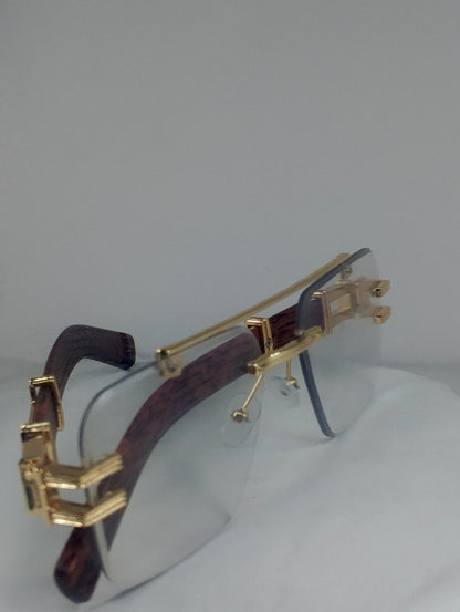 Luxury Rimless Blue-Light Blocking Eyeglasses – Gold Metal Frame with Wood-Grain Temples | Unisex