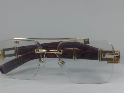 Luxury Rimless Blue-Light Blocking Eyeglasses – Gold Metal Frame with Wood-Grain Temples | Unisex