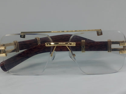 Luxury Rimless Blue-Light Blocking Eyeglasses – Gold Metal Frame with Wood-Grain Temples | Unisex