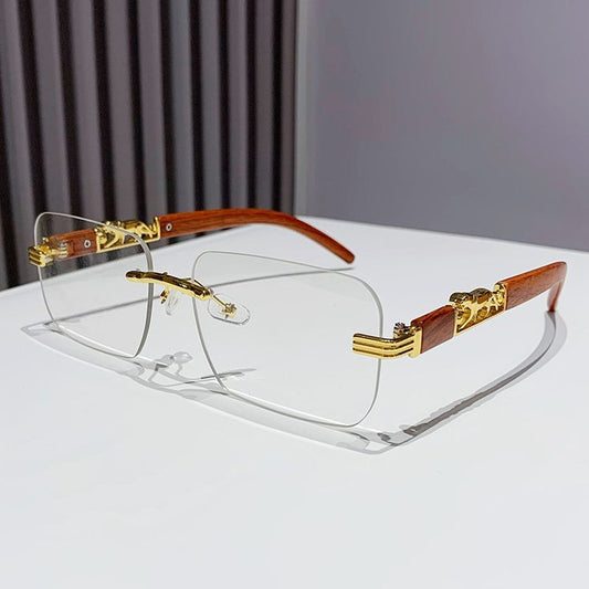 Luxury Rimless Blue-Light Blocking Eyeglasses – Gold Metal Frame with Wood-Grain Temples | Unisex