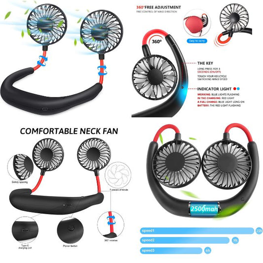 Portable USB Rechargeable Neck Fan – Hands-Free Wearable Cooling Fan with 3 Speed Modes