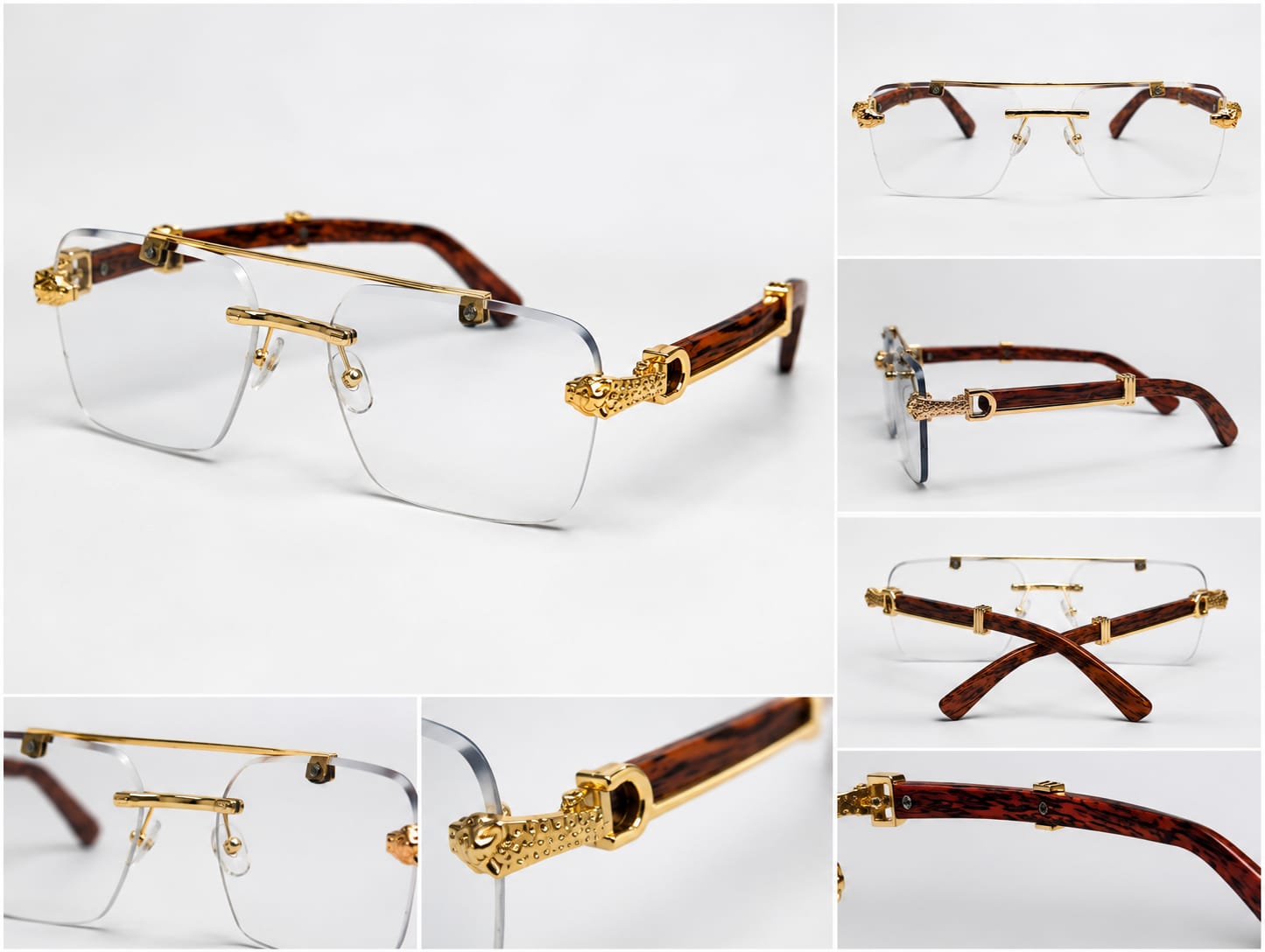 Luxury Rimless Blue-Light Blocking Eyeglasses – Gold Metal Frame with Wood-Grain Temples | Unisex
