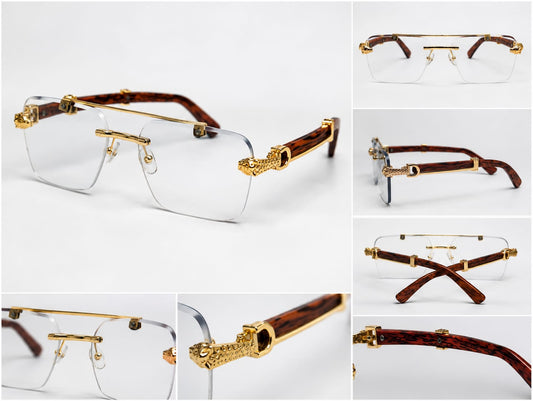 Luxury Rimless Blue-Light Blocking Eyeglasses – Gold Metal Frame with Wood-Grain Temples | Unisex